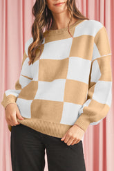 Khaki Plaid Bishop Sleeve Pullover Sweater